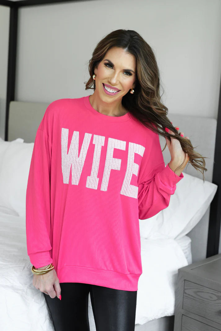 Wife Embroidered Ribbed Pullover